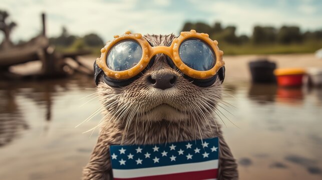Otter with Cute Goggles and an American Flag Scene