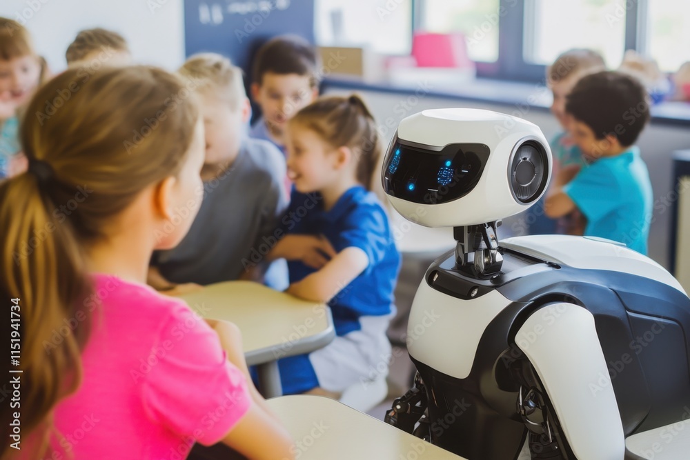 Poster robotic assistant engages with children in a modern classroom setting during a learning session