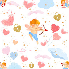 Cupid and Angle Valentine's Day with Pink Heart,Star Kawaii Pastel Tone Key Gold Design