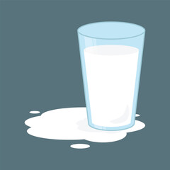 Vector illustration of a glass of milk and spilled milk on a gray background.