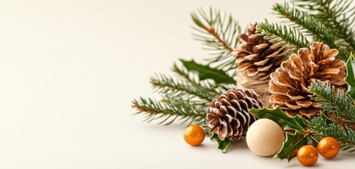 Christmas festival decorations with pine cones and ornaments indoor setting nature-inspired content cozy atmosphere creative concept