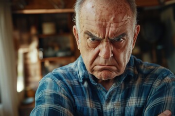 An elderly man with a serious expression, wearing a plaid shirt, stands with crossed arms. The background features a rustic interior with wooden shelves and various items. 
