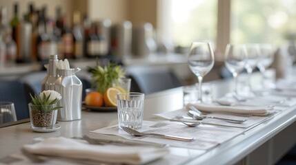 Fototapeta premium Elegant table setting with glassware and decor in a modern bar