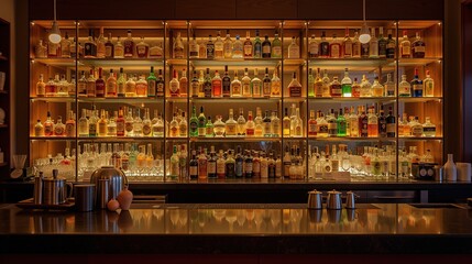  Illuminated liquor shelf with colorful bottles in modern bar