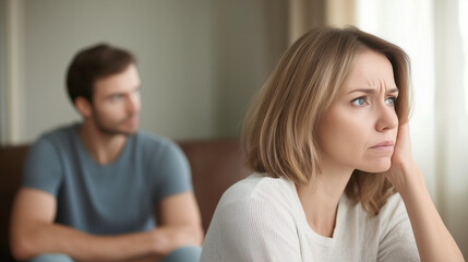 Serious sad woman thinking over a problem, man aside, meeting therapist, poor chance of getting pregnant after 40, unmet expectations, unable to handle family finances, interested in different things