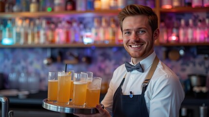 Obraz premium Smiling bartender holding a tray of refreshing cocktails