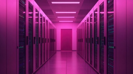 Fototapeta premium A vibrant server room illuminated in pink, showcasing rows of servers lined up in a sleek, modern design.