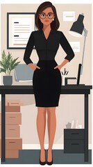 A cartoon-style depiction of a business woman in an office setting