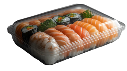 A clear plastic container filled with a variety of sushi, including nigiri, maki, and sashimi.