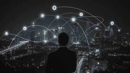 Smart digital city with connection cyber security network reciprocity over the cityscape . future smart wireless digital city and social media networking systems that connects people within the city