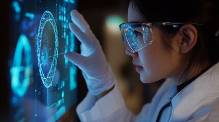 A researcher wearing glasses and gloves closely examines holographic data projections in a sophisticated lab.
