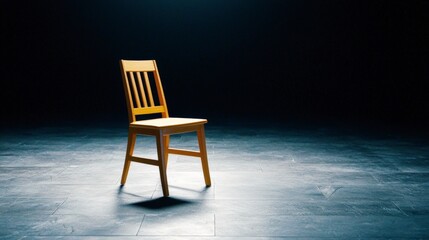Anticipation anxiety uncertainty and unknow concept. Lonely wooden chair in a dimly lit space.