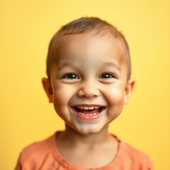 Adorable toddler beams a joyful smile against a vibrant yellow backdrop. Pure happiness!
