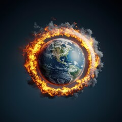 Climate clock. A fiery planet surrounded by flames and smoke symbolizes environmental concerns and climate change.