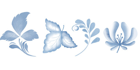 Blue flowers and leaves, stylized branches and berries. Set for ornaments in Russian style, isolated on white background. Traditional folk motif isolated on background. Watercolor illustration