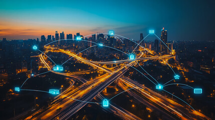 Fototapeta premium Smart digital city with connection cyber security network reciprocity over the cityscape . future smart wireless digital city and social media networking systems that connects people within the city