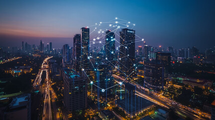 Smart digital city with connection cyber security network reciprocity over the cityscape . future smart wireless digital city and social media networking systems that connects people within the city