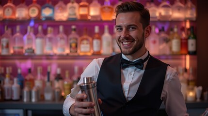 Obraz premium Smiling bartender shaking drink in vibrant bar lighting