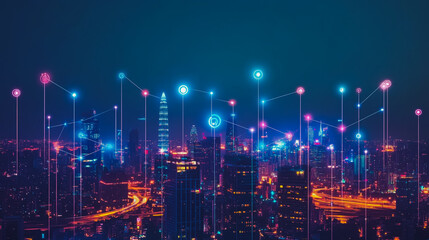 Smart digital city with connection cyber security network reciprocity over the cityscape . future smart wireless digital city and social media networking systems that connects people within the city