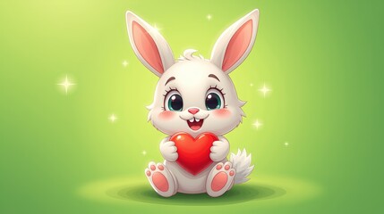 Fototapeta premium Cartoon bunny holding red heart on green background