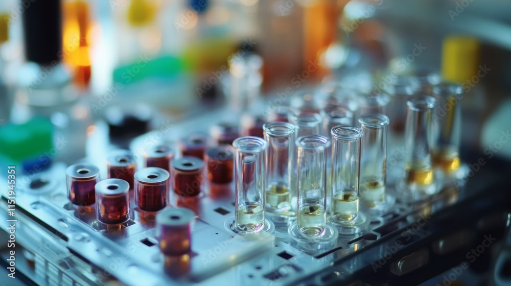 Poster A modern laboratory setup showcases an array of test tubes filled with colorful liquids. The scene highlights advanced biotechnology tools and equipment used for research in a well-lit environment.
