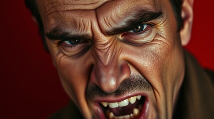 Close-up portrait of a man with an angry expression, his face showing intense emotion against a dark red backdrop.