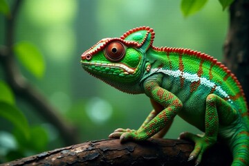 Naklejka premium Close-up of a striking green chameleon with bold red and white striped pattern, set against a hazy jungle landscape, foliage, blur