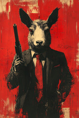 Naklejka premium Stylized surreal illustrations of anthropomorphic animals in suits holding weapons against bold red backdrops, perfect for dramatic and conceptual art themes