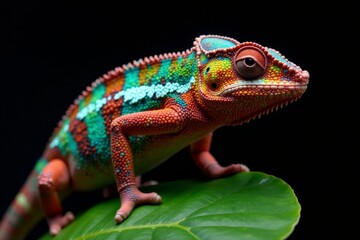 Colorful chameleon on a green leaf with a large black background lizard, reptile, nature