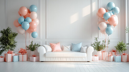 A white room with a couch and a bunch of balloons. The balloons are pink and blue. The room is decorated for a birthday party