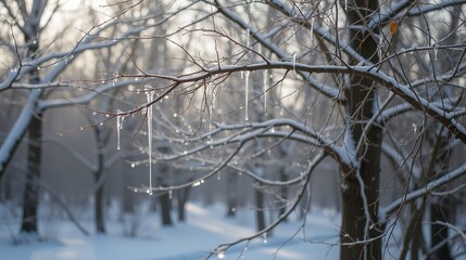 Obraz premium Snow-covered tree branches with icicles