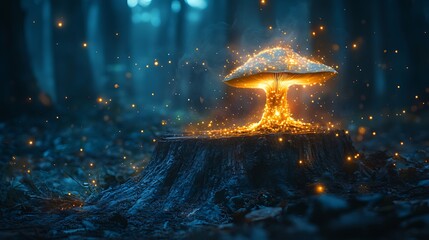 Fototapeta na wymiar Glowing mushroom on a forest stump at night with fireflies.