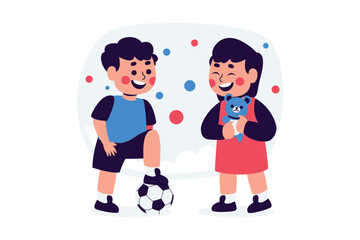 Happy Children Playing Together: Boy with Soccer Ball and Girl with Teddy Bear Illustration