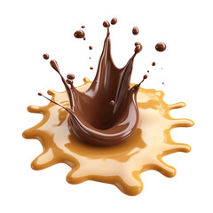 Chocolate splashing into caramel on transparent background