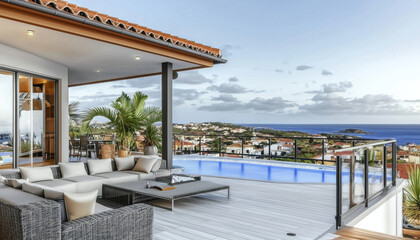 Fototapeta premium Luxurious outdoor living area with stunning ocean view and modern furniture