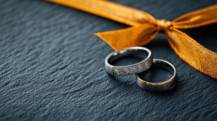 Elegant closeup of wedding rings on velvet ribbon romantic setting jewelry photography cozy environment macro viewpoint love symbolism