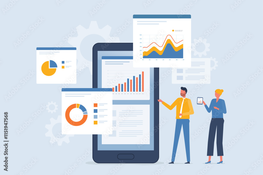Aufkleber business team analytics and monitoring on web report dashboard monitor concept and flat vector illustration design data analytics research for business finance investment planning.