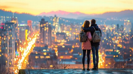 Couple embracing on rooftop overlooking bustling cityscape at dusk urban photography romantic atmosphere