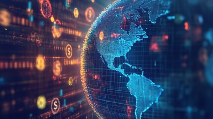 Naklejka premium Digital globe surrounded by currency symbols, illustrating the impact of global economic trends and interconnected financial systems