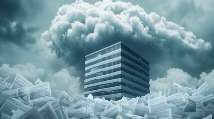 Office building engulfed by paperwork, dark clouds overhead, symbolizing chaos and overwhelm in the corporate world