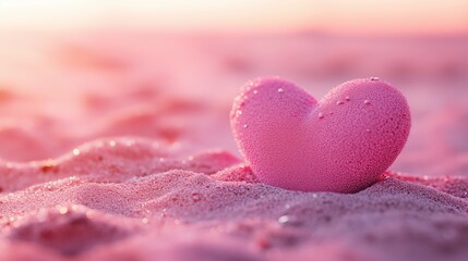 Fototapeta premium Pink heart-shaped sand on the beach with pink sunset.
