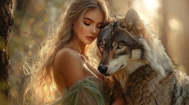 A stunning blonde woman in a flowing green gown stands gracefully in a forest filled with towering trees and golden rays of light. A protective wolf with luminous silver fur stands near her, 