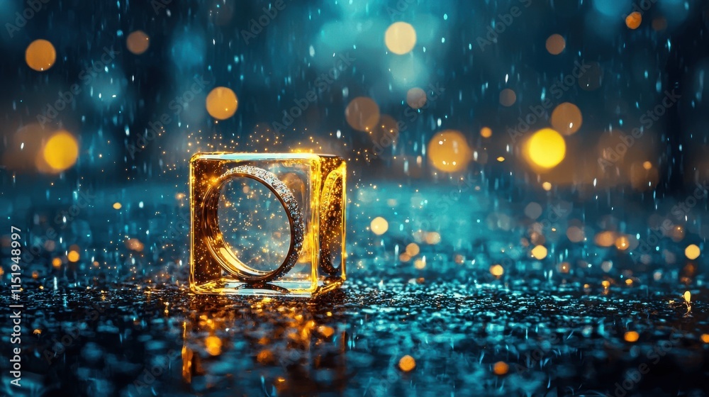 Poster mystical display of rings encased in a glowing crystal cube enchanted forest photography nighttime c