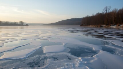 Obraz premium Frozen lake with patches of ice under blue sky