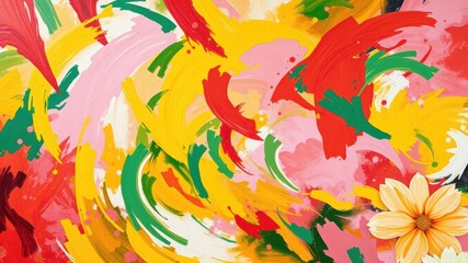 Fototapeta premium Abstract swirling strokes in vibrant hues of yellow, pink, green, and red with a single flower bloom in the foreground.