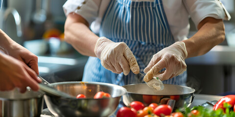 Chef preparing meal with fresh vegetables in a professional kitchen, Cooking with fresh ingredients using hygienic practices
