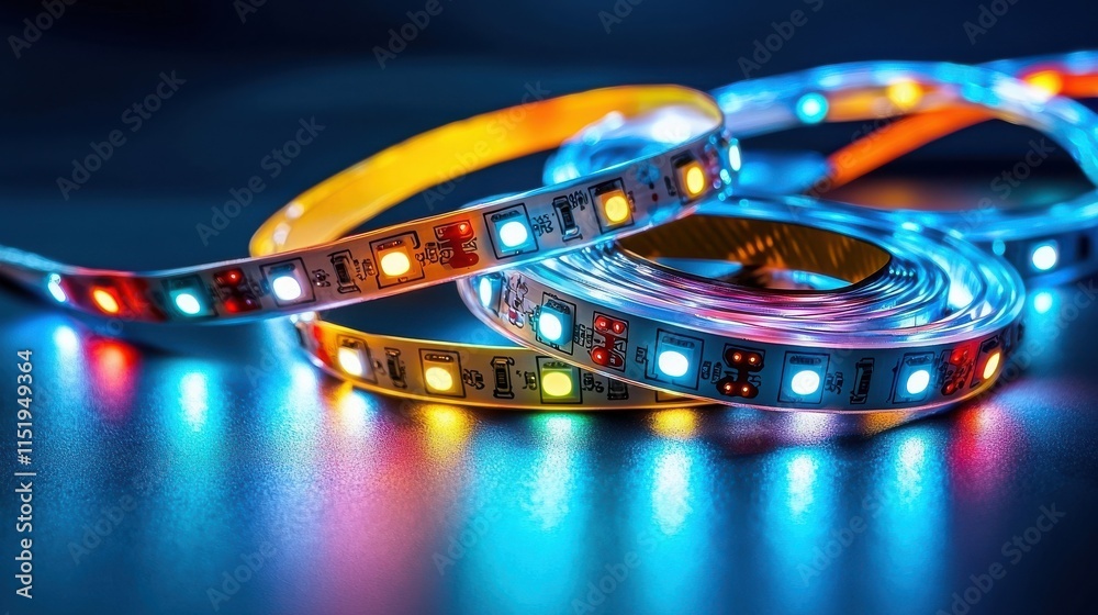 Poster dynamic color display of rings on led strip studio setting photography high-tech environment close-u