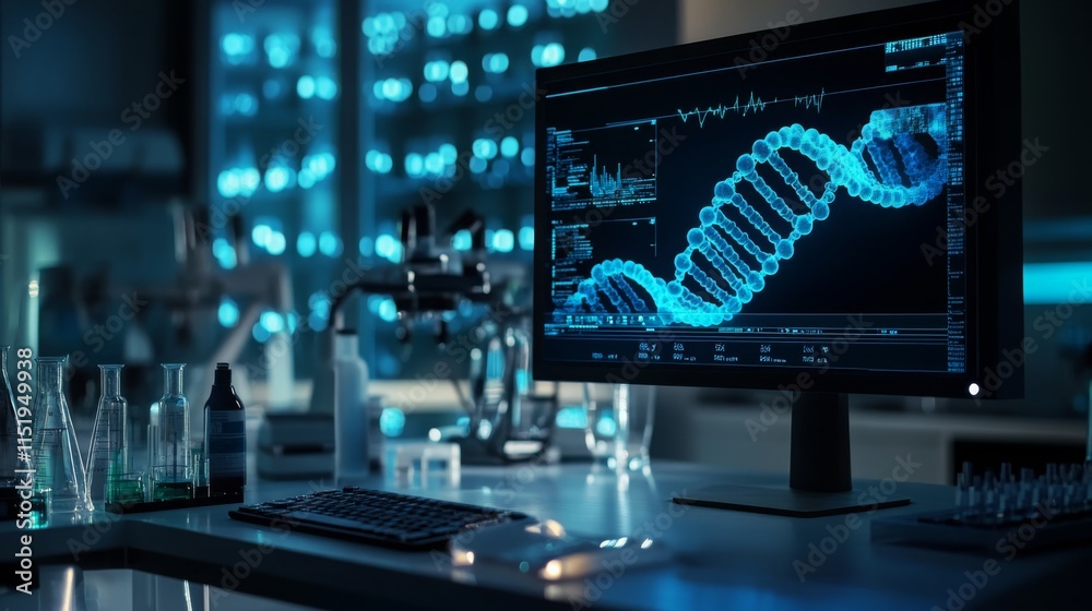 Poster A computer monitor displaying a 3D model of a DNA double helix is set on a laboratory desk with glass beakers and scientific equipment.