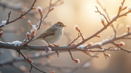 Small bird on snow-covered branch during sunset