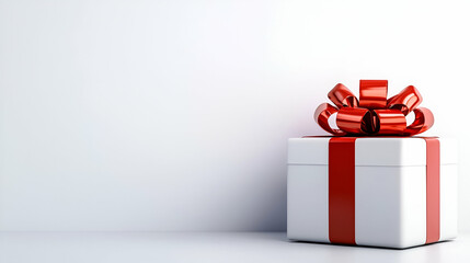 A beautifully wrapped gift box with a red ribbon sits against a minimalistic white background, symbolizing celebration and surprise.